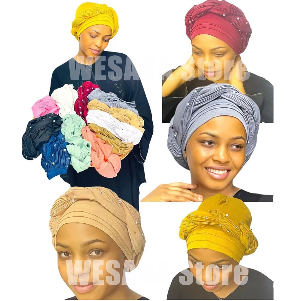 Multilayer Braids Turban Cap for Women Muslim Headscarf Bonnet Female Headwrap Hat Ready to Wear African Auto Gele Headtie