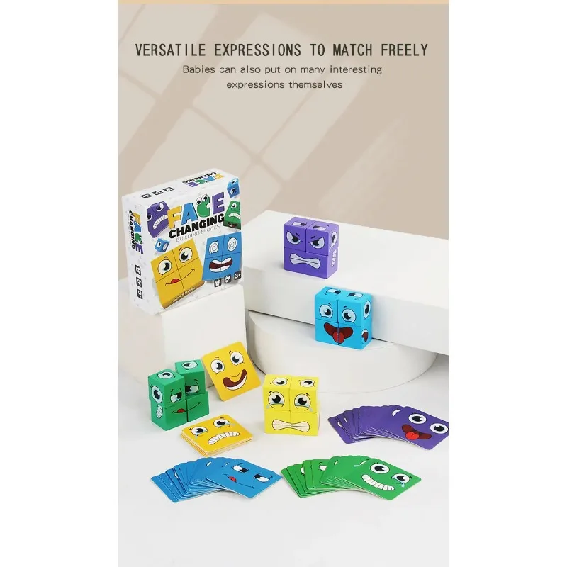 Gioco di espressione delle emozioni per bambini Cubo di legno Tabellone che cambia il viso Puzzle di cartoni animati Giocattolo Giochi di sfida di pensiero Montessori