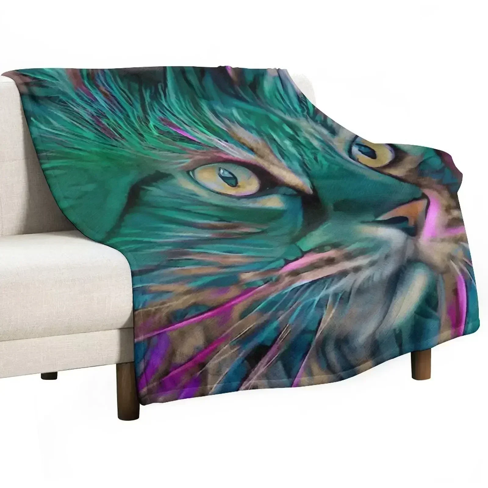Couverture d'été respirante et fraîche Mara Verde pour dormir, avec motifs chat, chaton et peintures de Léa Roche