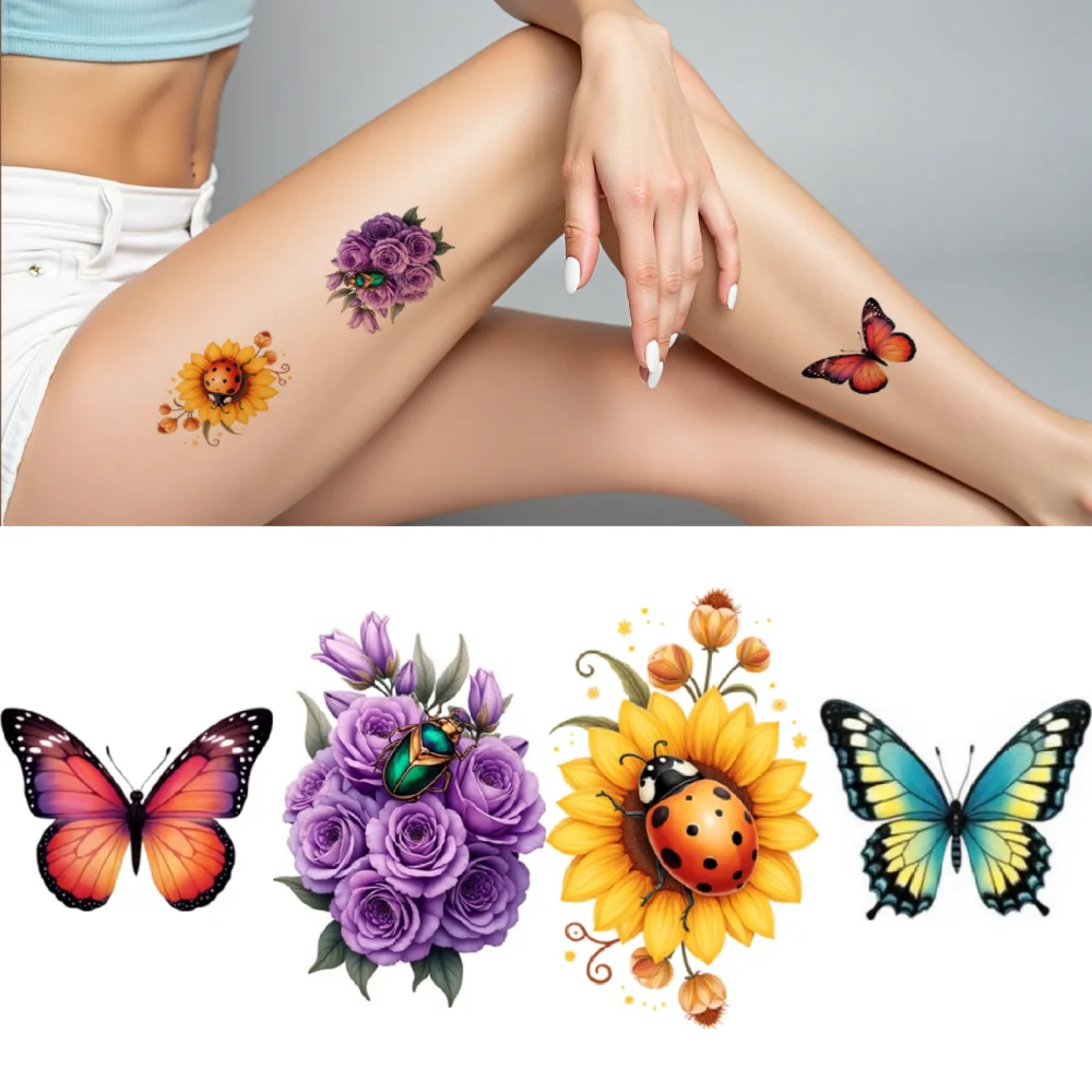 

28pcs Temporary Tattoo Flowers Colorful Butterflies Ladybug Waterproof Long-lasting Body Stickers Sunflowers For Thighs Adult