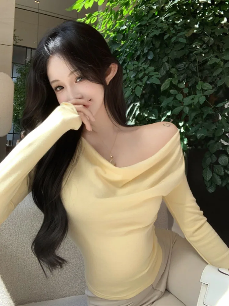 

Korean Style Yellow Pure Desire Long Sleeve T-Shirt Women's Spring Autumn Versatile Slim Fit Base Shirt Spicy Short Pure Colo...
