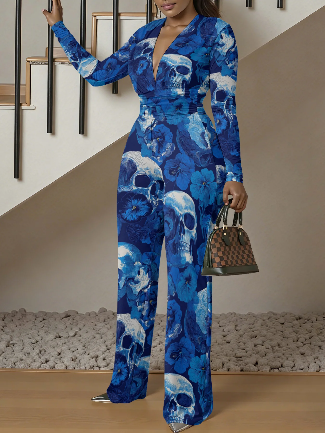 Macacão justo de manga comprida com decote em V, ideal para o outono, feminino, elástico, peça única, para a primavera, roupa de rua de luxo, para fes