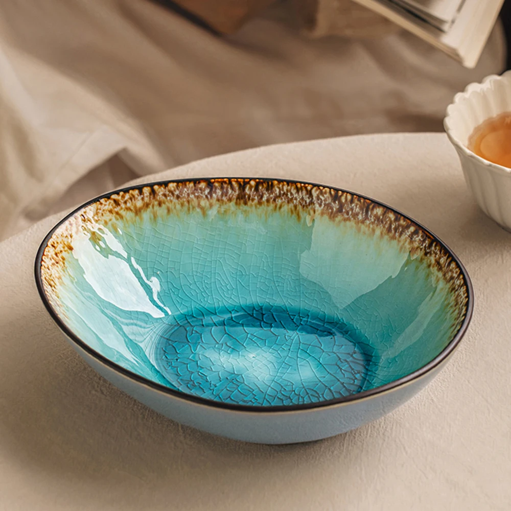8Inches Irregular Ceramic Bowl Gradient Blue Crackle Glaze Salad Bowls Home Kitchen Resturant Versatile Tableware Ice Cream Bowl