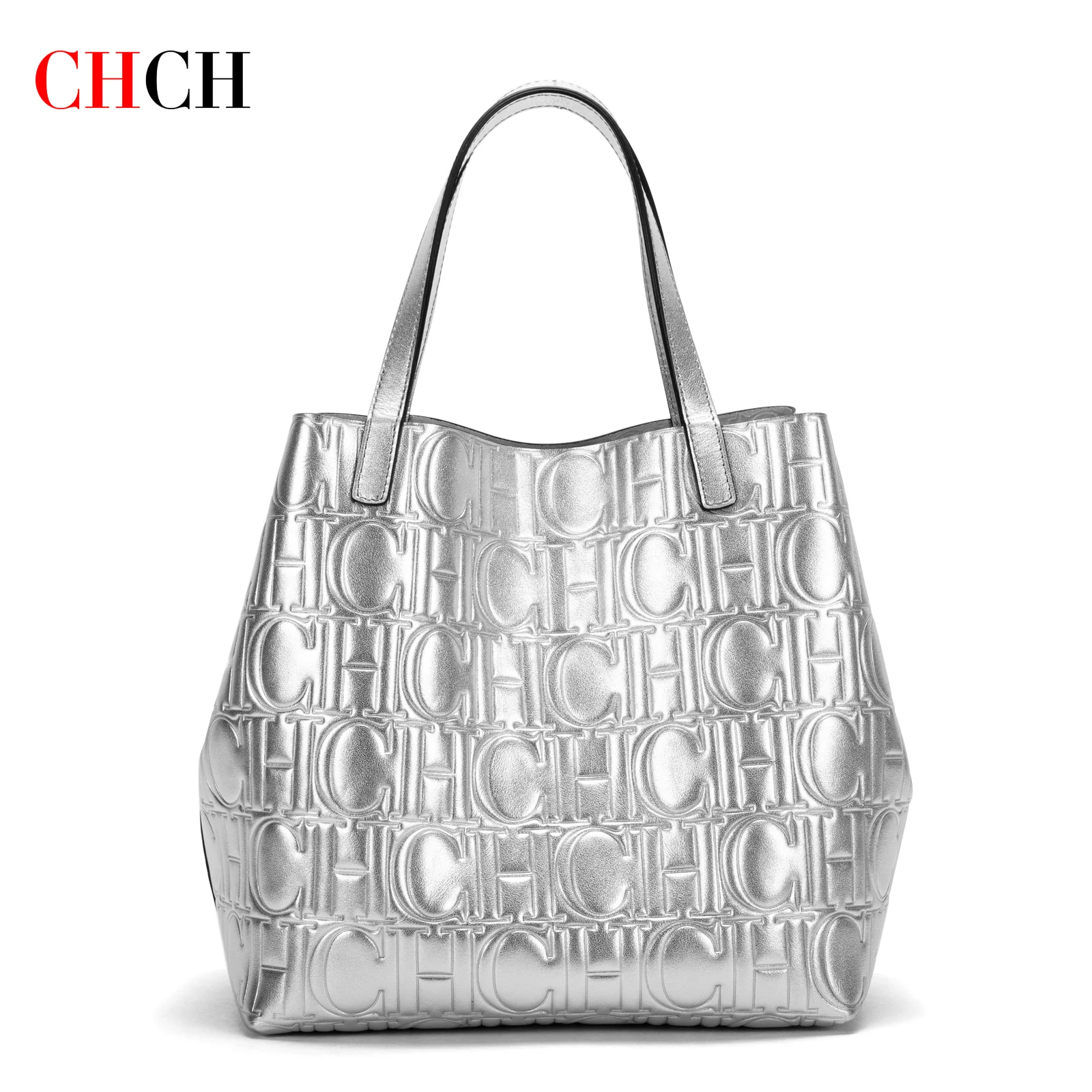 CHCH Women\'s Handbag Brand Classic Cow Leather Steel Stamped Large Capacity Tote Bag Business Commuter Shopping Bag