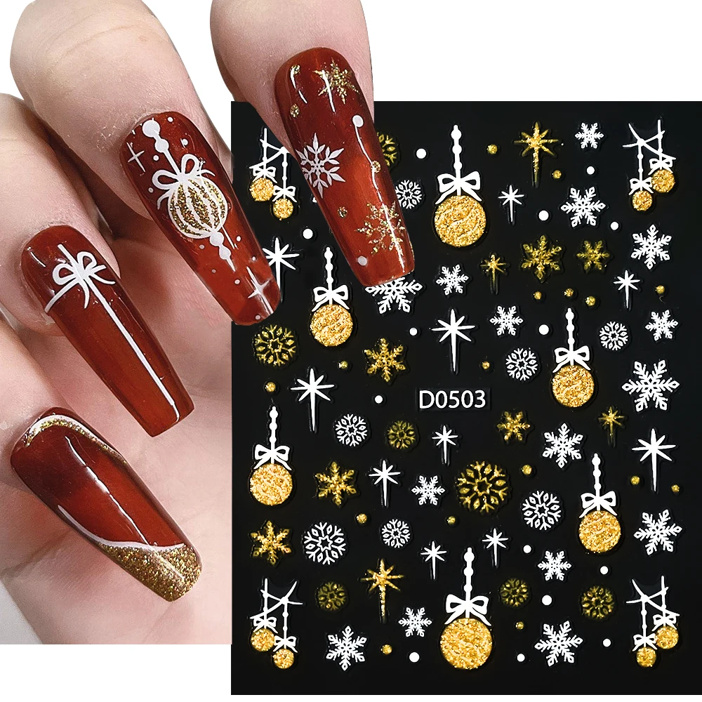 5D Oro Argento Lucido Glitter Palla di neve Campana Adesivi per unghie Simpatici fiocchi di neve di Natale Arco Stella Decalcomanie per unghie per la decorazione delle unghie di Natale fai da te ﻿