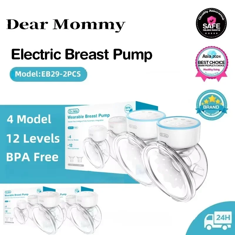 

2 шт., носимые электрические молокоотсосы, 4 режима, 12 уровней, портативный молокоотсос без помощи рук, бесшумный комфорт с фланцем 19/24 мм, 180 мл