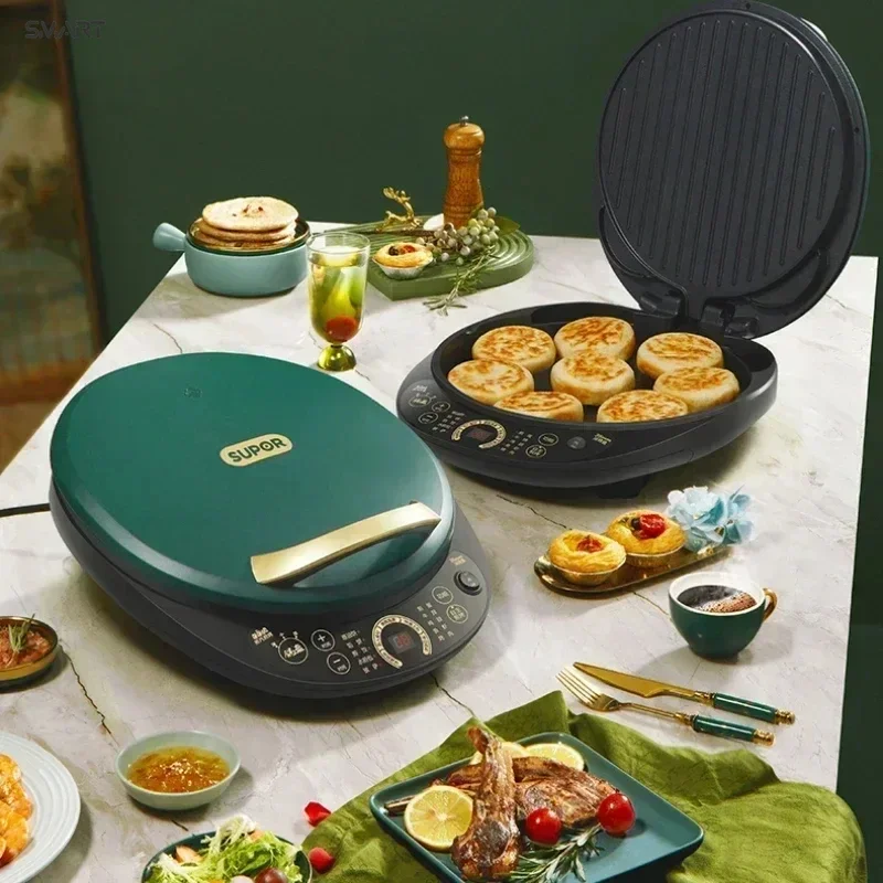 a pancake maker electric skillets Double-sided suspended heating electric baking pan. Functions as pizza maker and electric pan