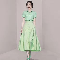 Korean Fashion New Summer Women 2 Piece Set Green Shirts Tops+High Waist Party Casual Holiday Skirts Sets