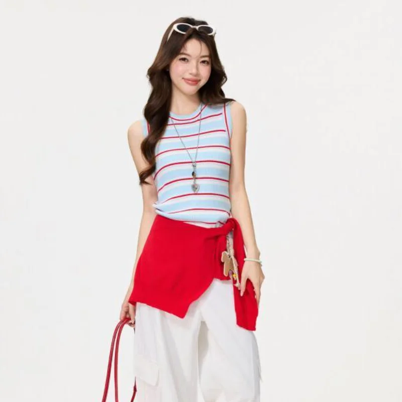 

Повседневный минималистичный вязаный жилет без рукавов для женщин, лето 2026, облегающий топ, футболка с коротким рукавом