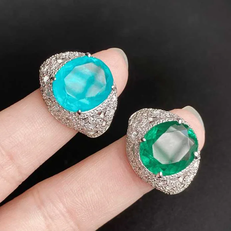 SACE GEMS 925 Sterling Silver Fashion Rings for Women Elegant 12*14MM Paraiba Tourmaline Engagement Wedding Fine Jewelry Gift