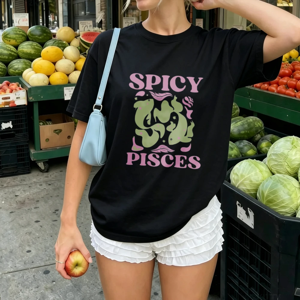 Women Spicy Pisces Dual Fish Zodiac Distressed Letter Graphic T Shirt Pisces Horoscope Sign Print  Astrology Birthday Gift Tops