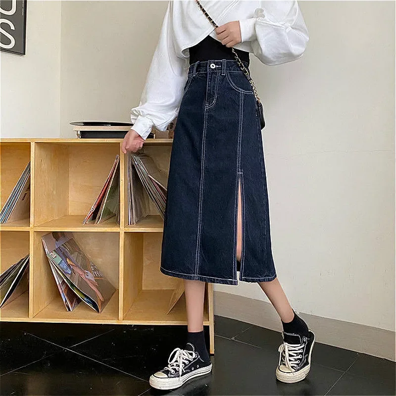 

Skirts Women Blue Trendy Spring Daily High Waist All-match Denim Split Midi Pockets Solid Leisure Empire Temperament College BF