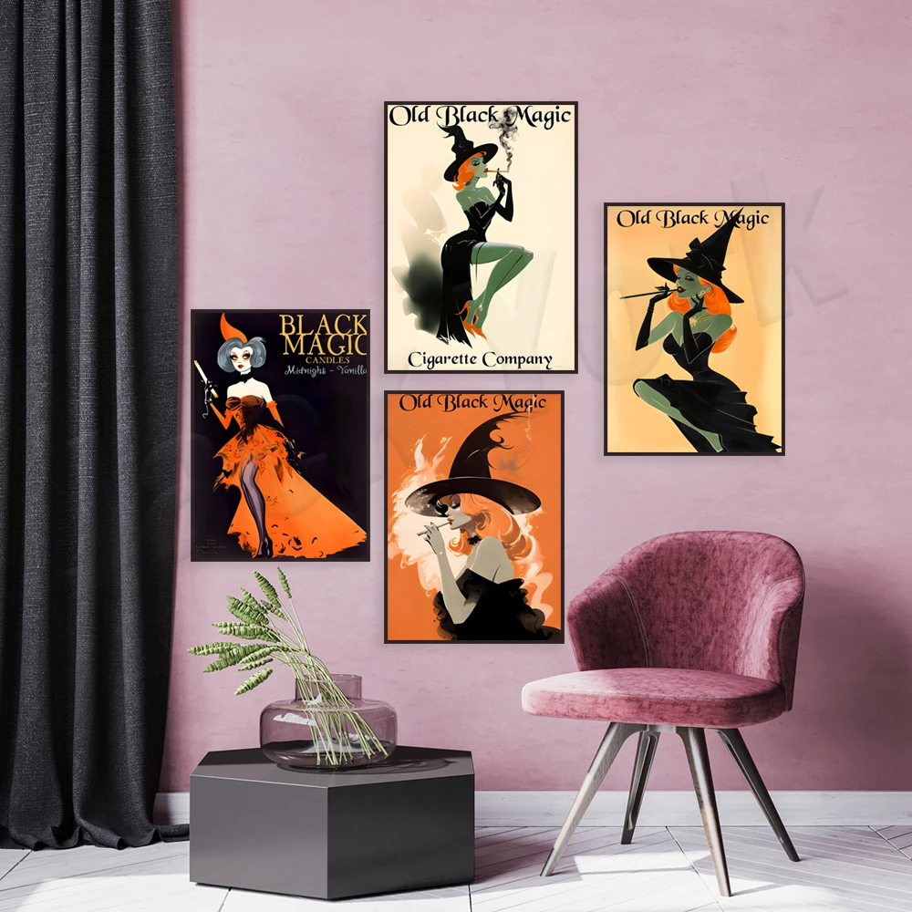Black magic halloween witch, old black magic, autumn gothic print, halloween witch decoration poster, gothic dark academy