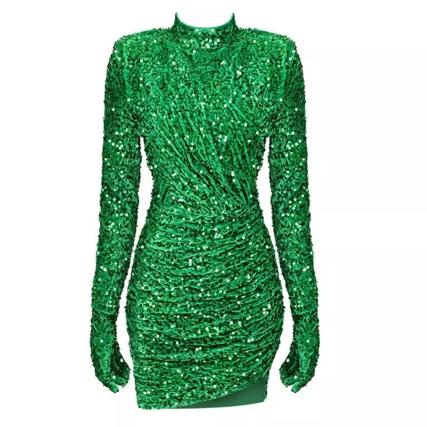 Women Summer Sexy Turtleneck Long Sleeve Velvet Green Mini Sequins Bodycon Dress 2024Elegant Evening Party Club Dress