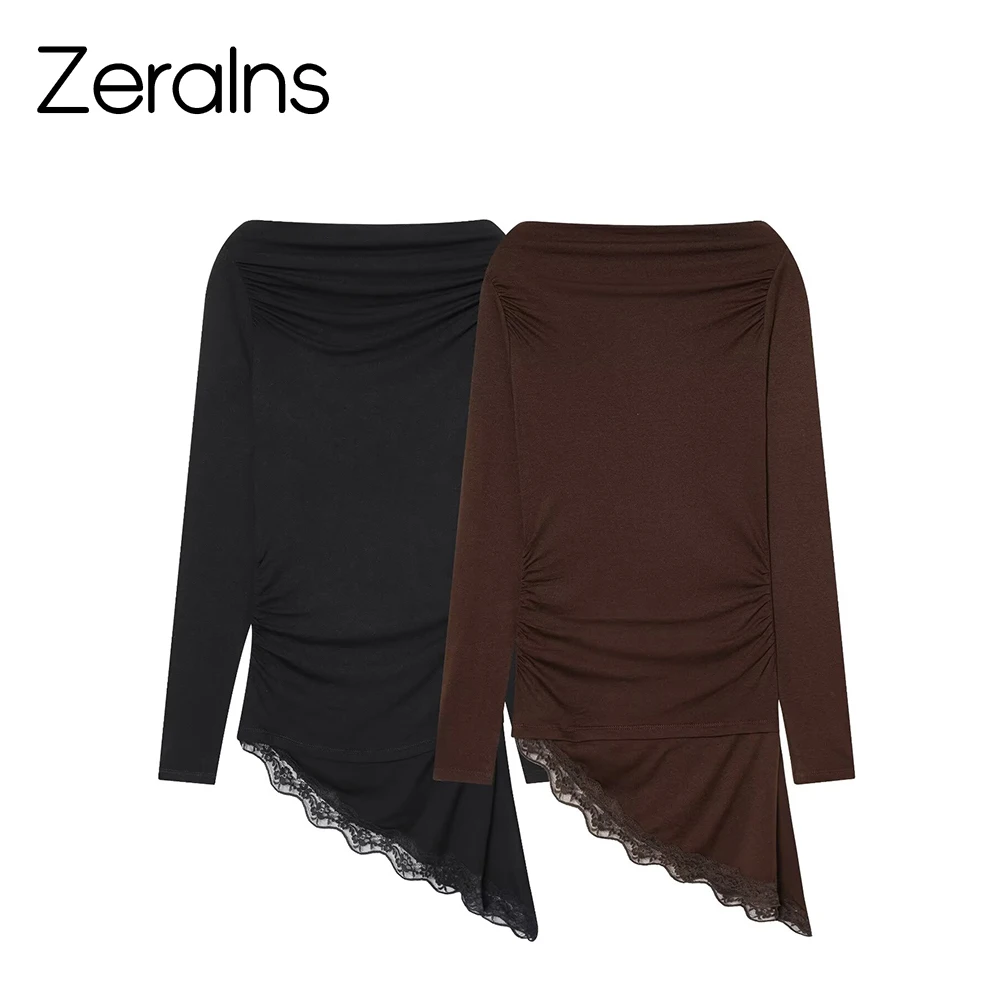 ZERAINS ملابس نسائية شتوية جديدة بتصميم بسيط مع ياقة قارب مطوية وأكمام طويلة وحاشية غير متماثلة تي شيرت من الدانتيل #1