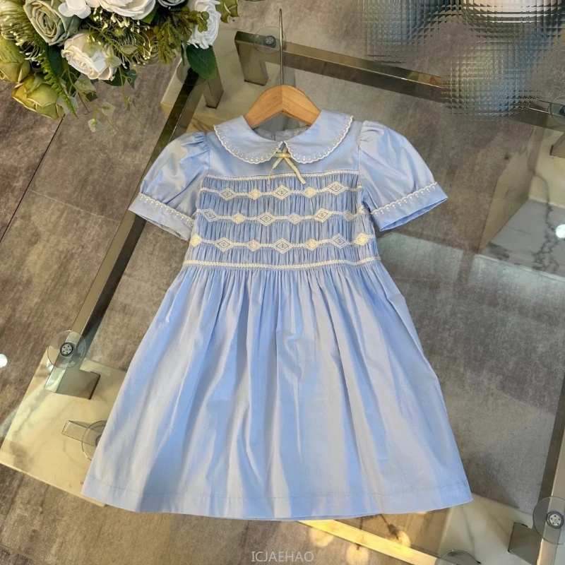 

Teen Girl Clothes 2024 Children European Kids New Girls Blue Collar Smock Embroidery Gown Costume Matching Summer Simple Dress