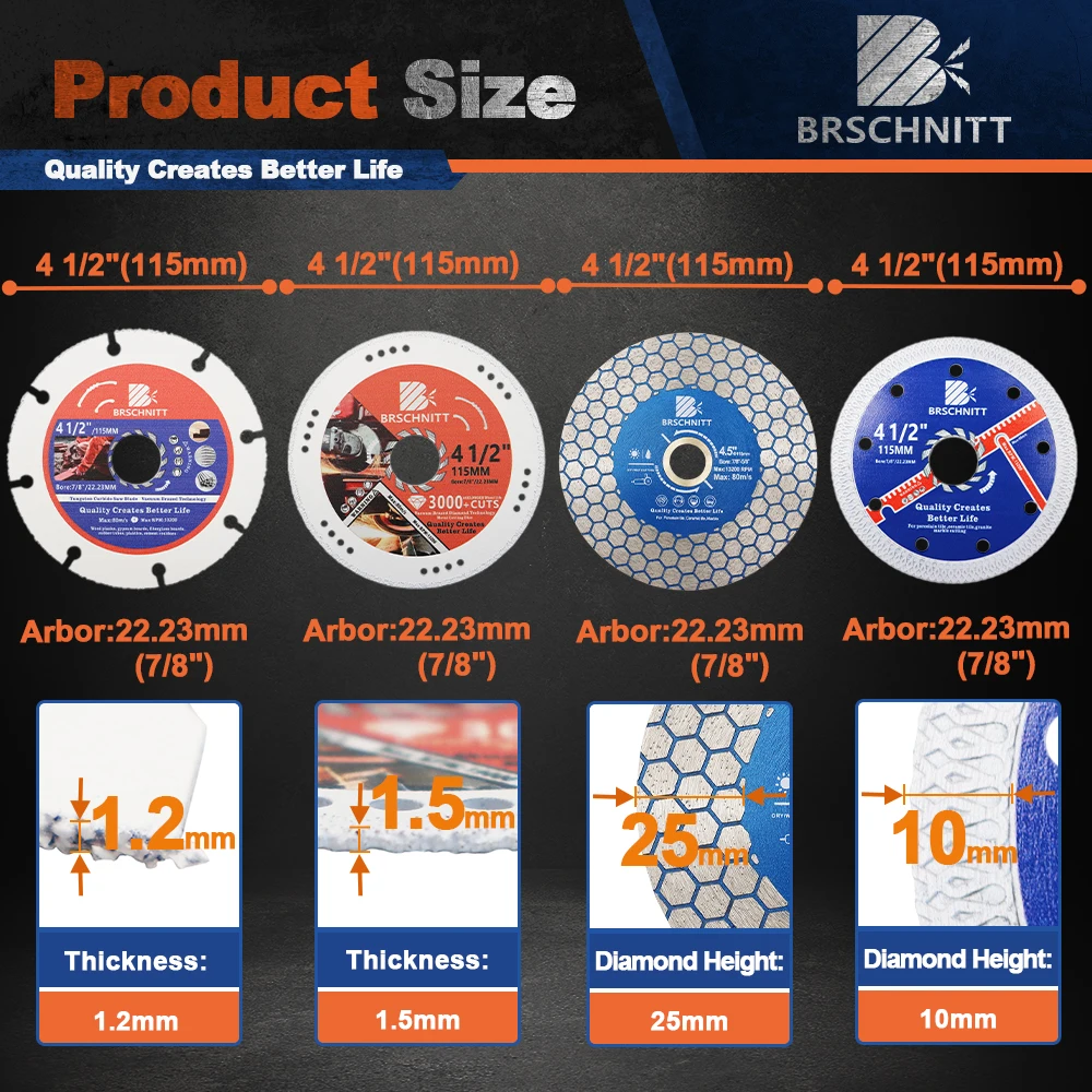 BRSCHNITT 4 дюйма 115 мм режущий диск для дерева, стеклянной плитки, керамики, мрамора, алмазной пильный диск, 1 шт., 4 шт., набор дисков