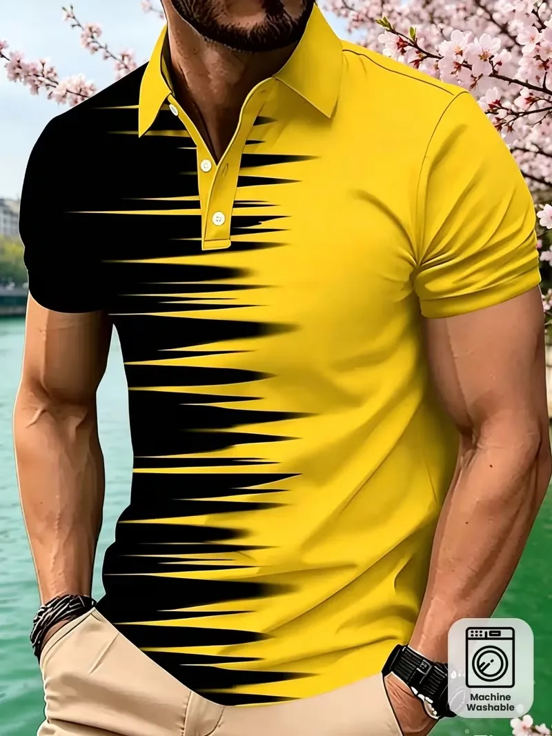 Men's short sleeved polo shirt with lapel button decoration, gradient color, fashionable and casual daily commuting top