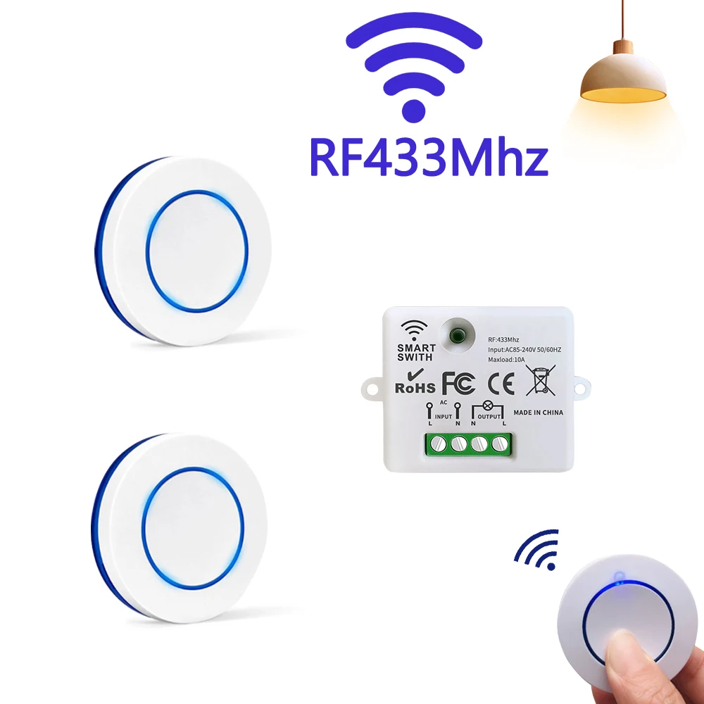 미니 홈 조명 스위치 원형 무선 패널 스위치, 침실용 리모컨 릴레이, RF433 Mhz 모듈 송신기, 10A, 220V, 110V 