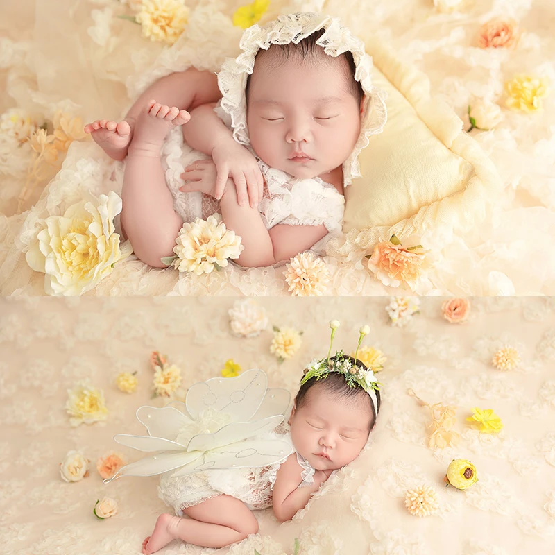 

Newborn Photography Outfit Baby Girl Flower Theme Set Lace Hat Jumpsuit Pillow Butterfly Wing Decoration Floral Mesh Background