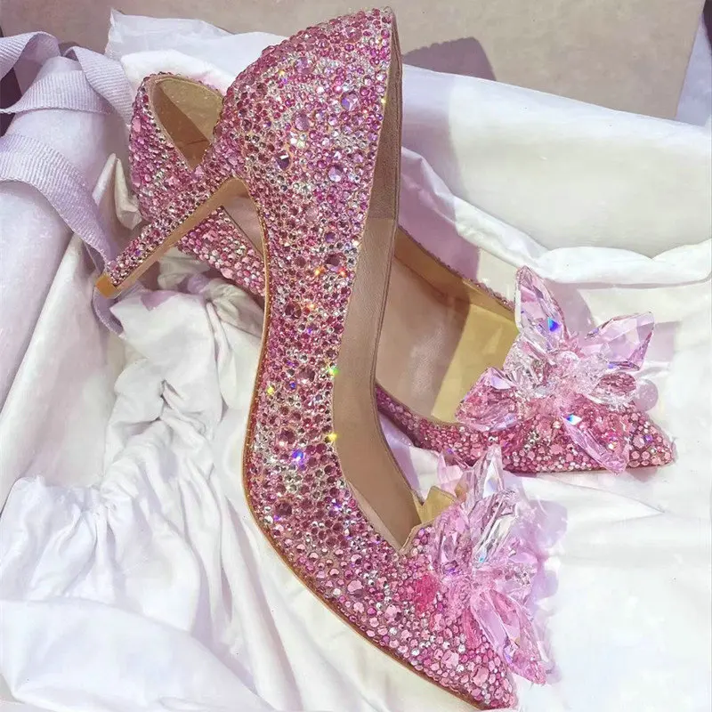 Wedding Shoes Pointy High Heels Thin With Cinderella Glass Shoes Bride Shoes Rhinestone Single Shoe Female Crystal Pumps