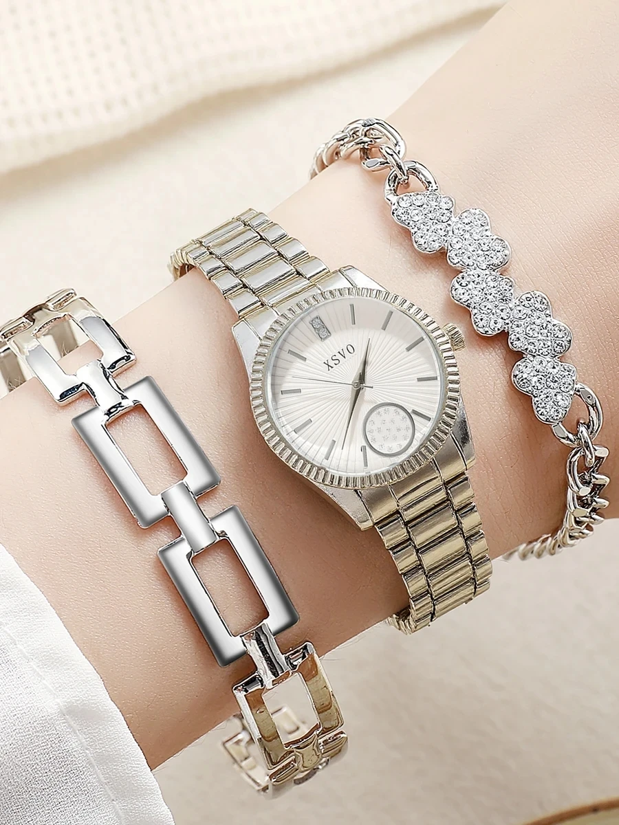 

Fashion All-match Steel Band Round Dial Women's Quartz Watch Bracelet 3-piece Set, Suitable for Christmas and Thanksgiving Gifts