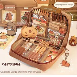 Trendy Large Capacity Capybara Pen Bag Multifunctional Canvas Pencil Case Cute Stationery Set for Students