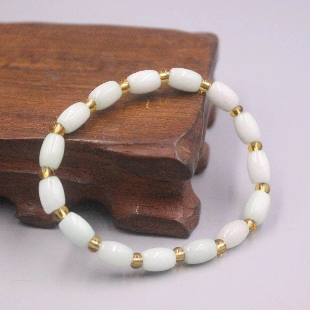 Natural Jade Women Lucky Gift 7mm Width Long Oval Small Beaded Elastic Bracelet