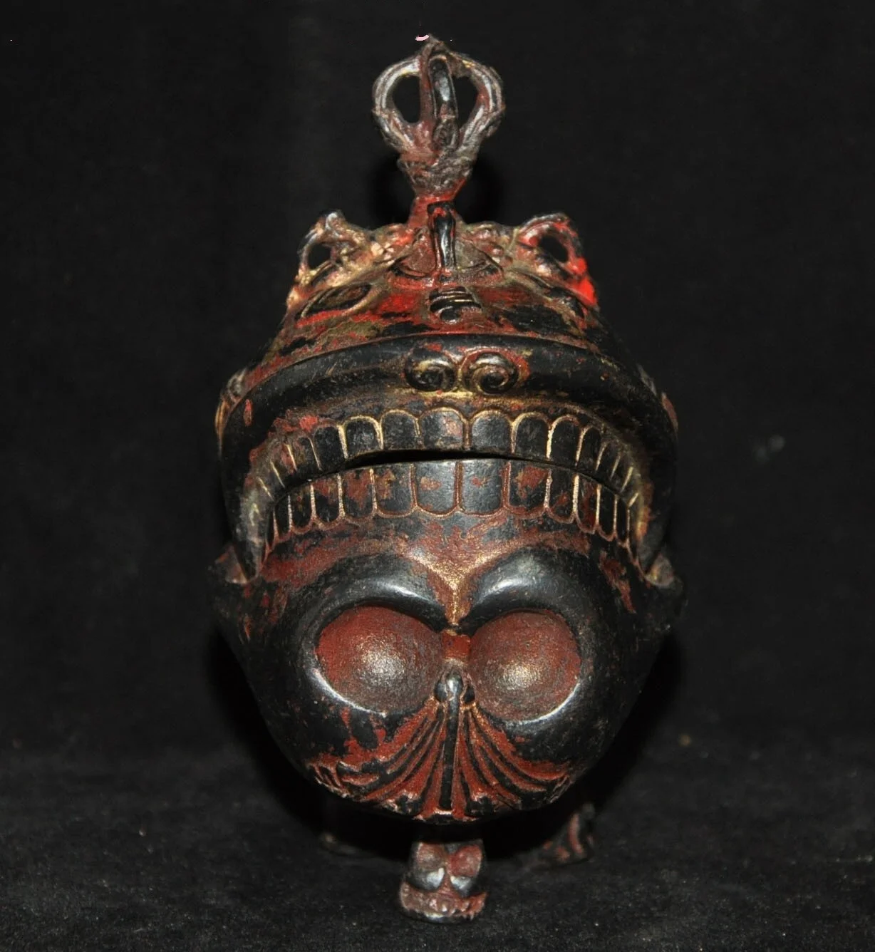 antique-tibet-bronze-dore-exorcisme-squelette-crane-vajra-phurpa-bruleur-d'encens-encensoir
