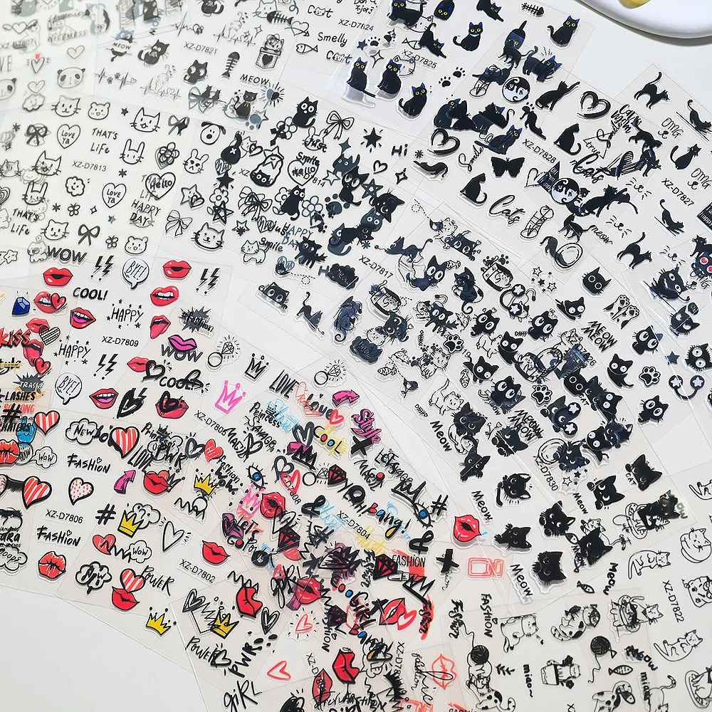 30 pz/set 3D Del Fumetto Del Gatto Unghie Artistiche Adesivi Nero Graffiti Animale Arco Stella Cuore Decalcomanie Per Unghie Kawaii Autoadesiva Manicure Slider