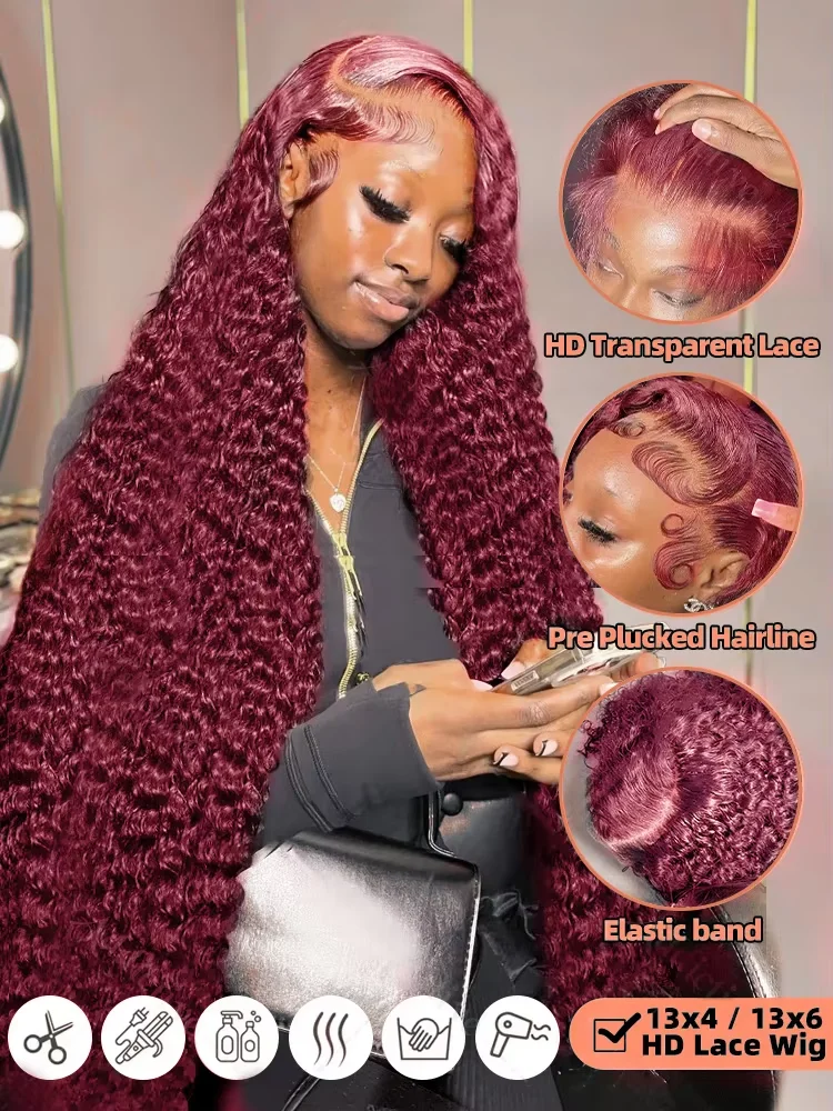 32 بوصة البرازيلي موجة عميقة 99J بورجوندي 13x6 HD الدانتيل الجبهة خصلات الشعر المستعار الإنسان مجعد 13x4 الدانتيل الباروكة الأمامية 5x5 غلويليس إغلاق شعر مستعار