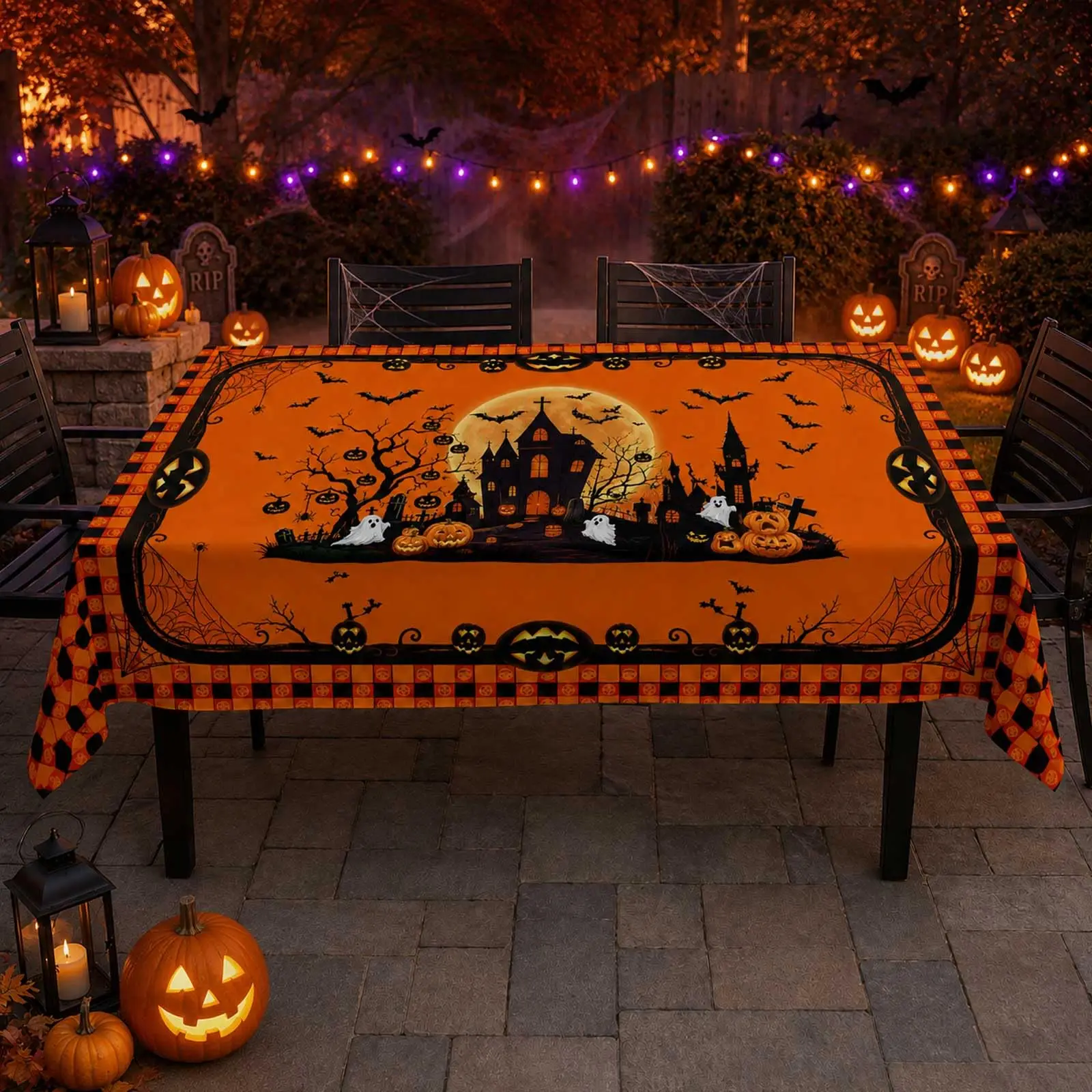 Orange Halloween Table Cloth Water Resistant Haunted House Bat Print Tablecover for Holiday Party Home Decoration