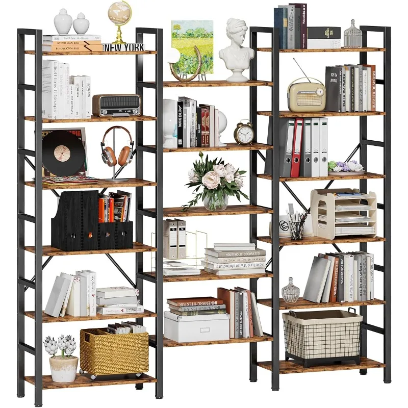 Bookshelves 6 Tiers Triple Wide Industrial Bookshelf,Large Bookshelf Open Display Shelves Metal Frame for Living Room Bedroom