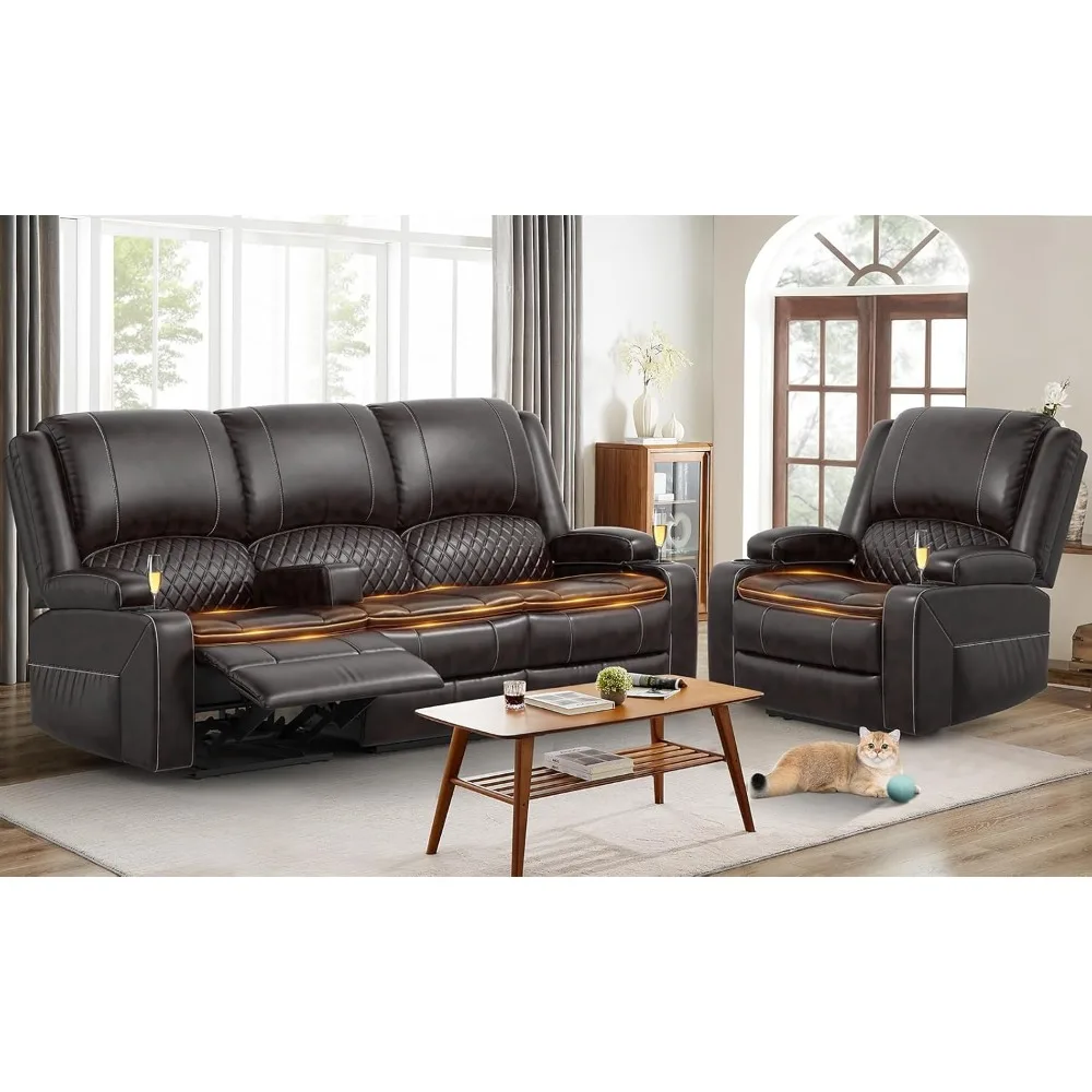 3 Seater Recliner Sofa Set with 2-Tier Cushion, 3+1 Pieces in Living Room, 3 Seater Reclining Couch Leather with Removable Conso