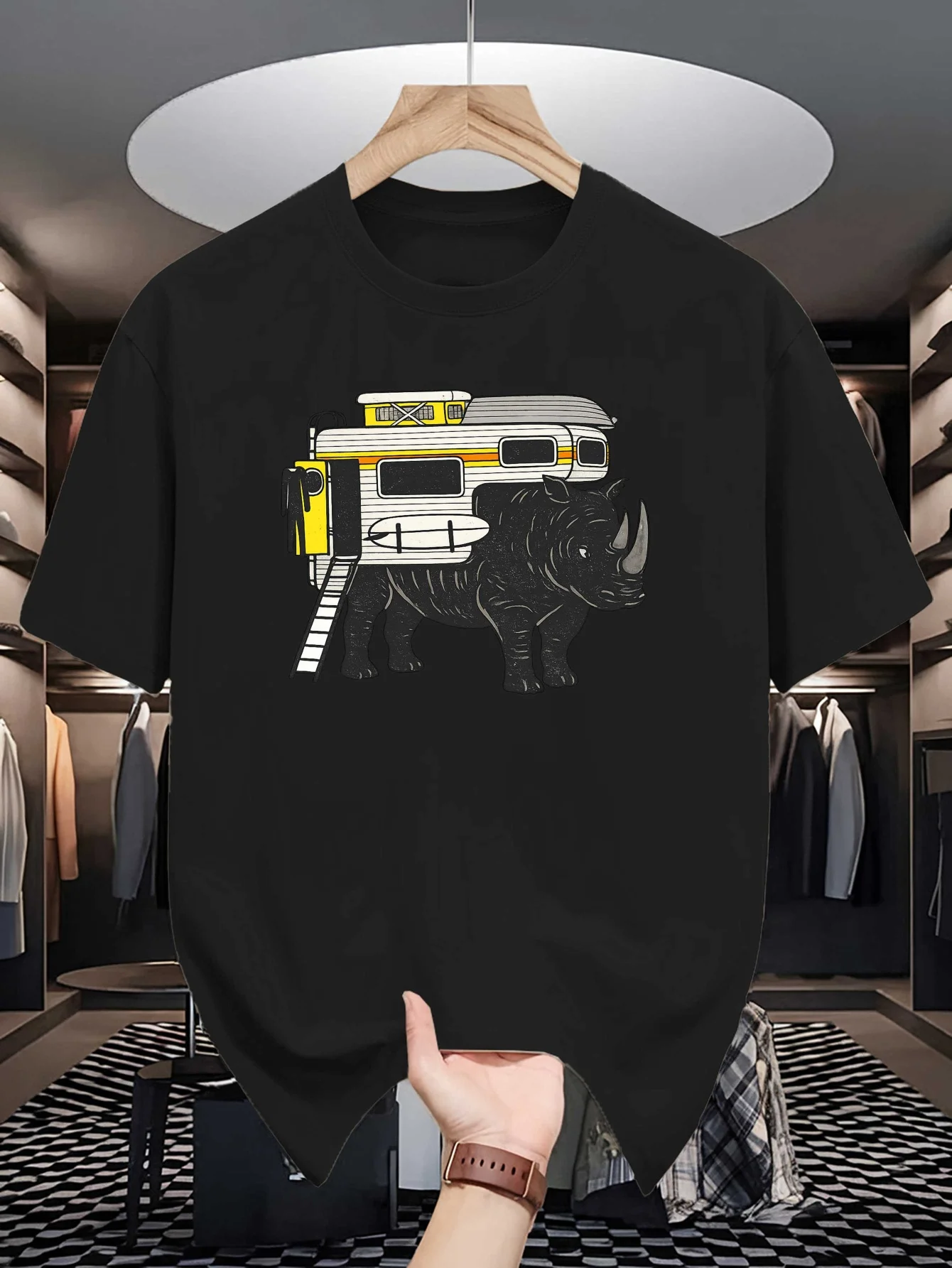 Adventure Rhino Camper Van Cartoon Print Mens Crew Neck T Shirt Wildlife Outdoor Graphic Short Sleeve Casual Cotton Summer Tees