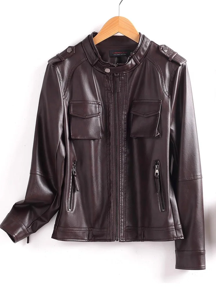 New Women Split Leather Jacket Spring Autumn Fashion Stand Collar Casual Biker Leather Coat Short Motorcycle Jacket Female