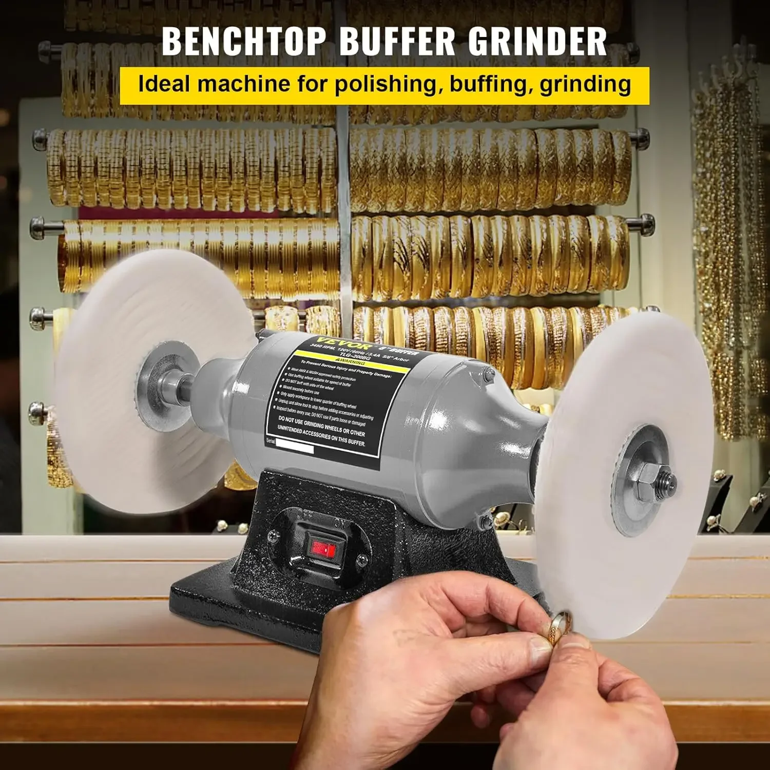 Bench Buffer Polisher, 8 inch Buffing Machine 370W Motor with 3450 RPM, Heavy Duty Benchtop Lathe Polishing Machine for Jewelry