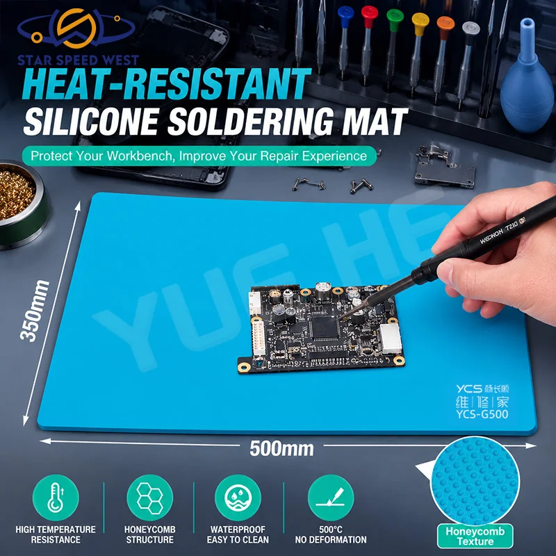 YCS YCS-G500 Large Silicone Insulating Mat Heat Resistant Up to 500℃ Anti Slip Honeycomb Repair Workbench Waterproof Easy Clean