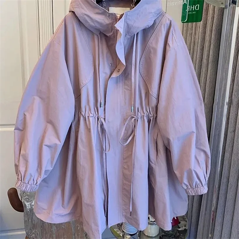 

Coat Women Spring Autumn New Windbreaker Jacket Loose Casual Outwear Fashion Western Style Hooded Loose Outerwear JJ404