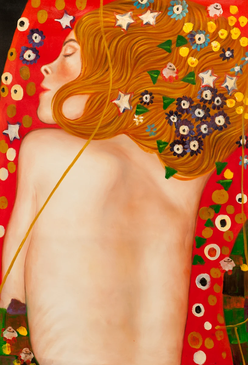 Sea Serpents IV by Gustav Klimt Hand Painted Canvas Oil Painting for Bedroom, Dinning Room, Abstract Nude Woman Wall Arts
