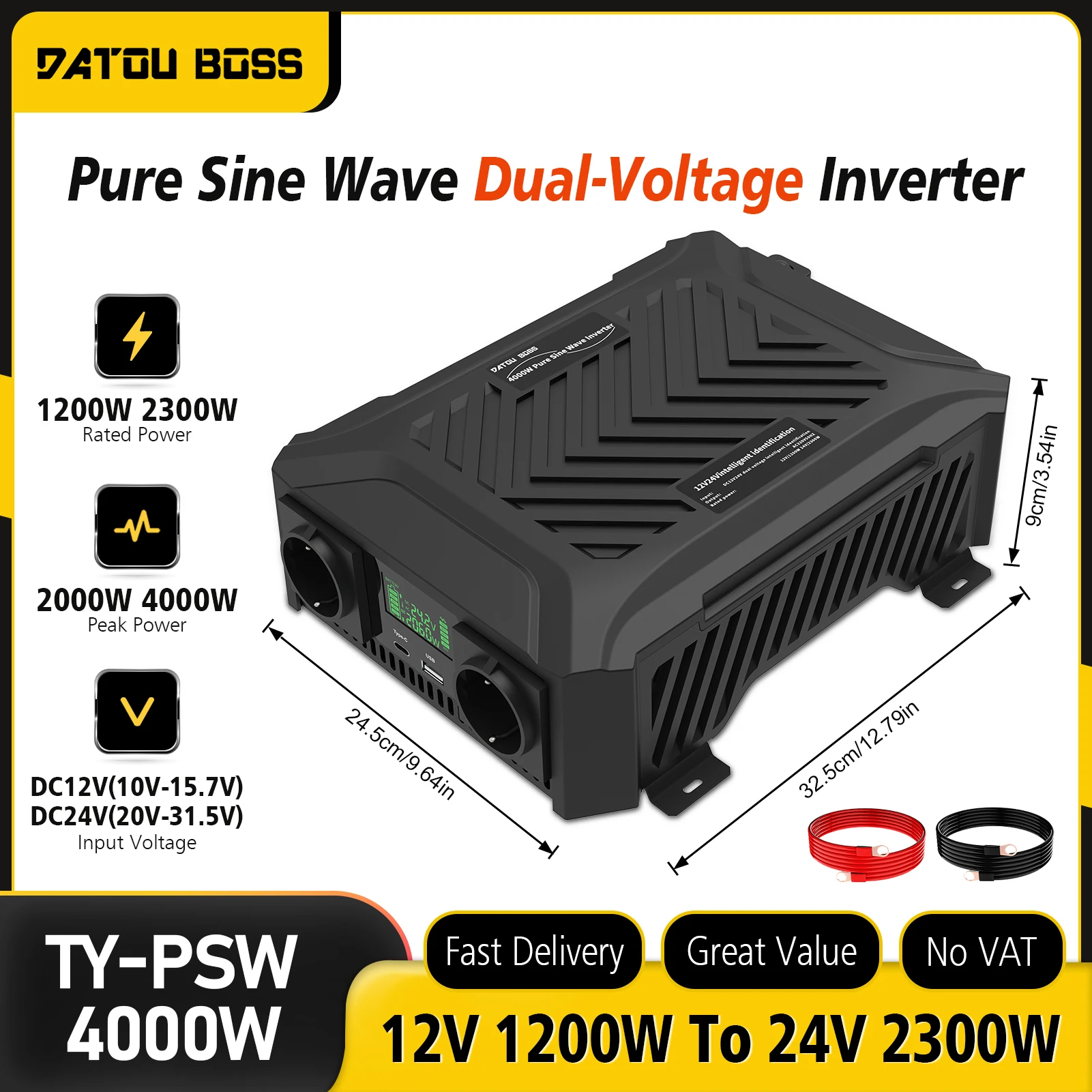 DATOUBOSS Tragbarer Dual-Voltage-Wechselrichter 1200W/2300W DC12V/24V Automatische Umschaltung Reiner Sinus-Wechselrichter für Wohnmobile und netzunabhängige Solaranlagen