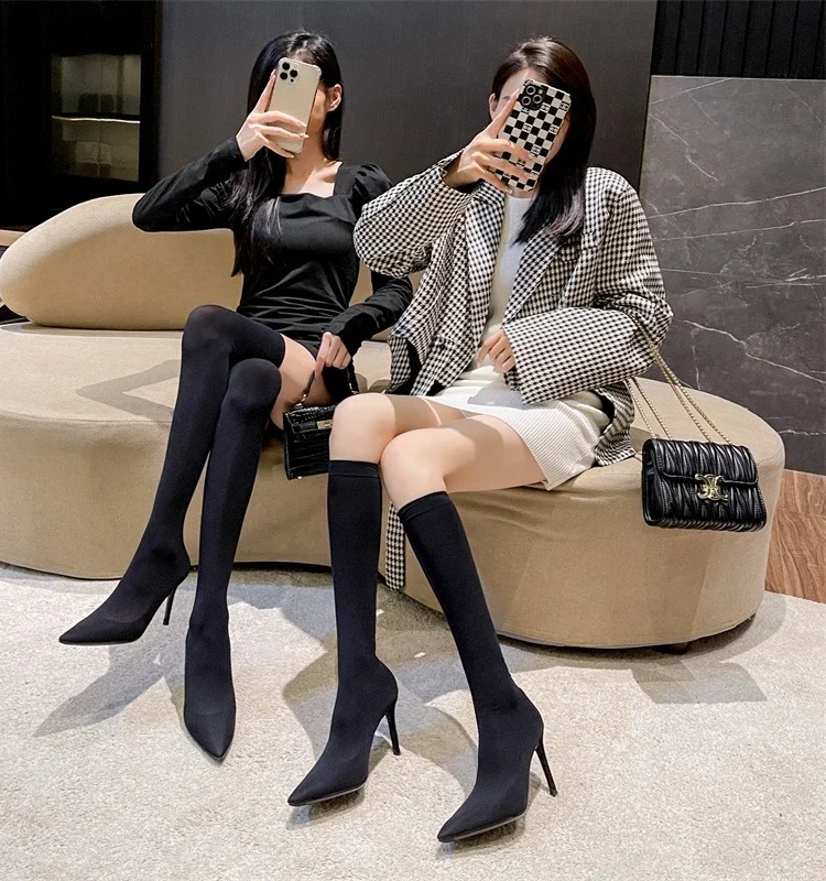 Spring and Autumn new pointed, slim, high-heeled knee high boots for women sexy knitted stockings elastic long boots socks boots