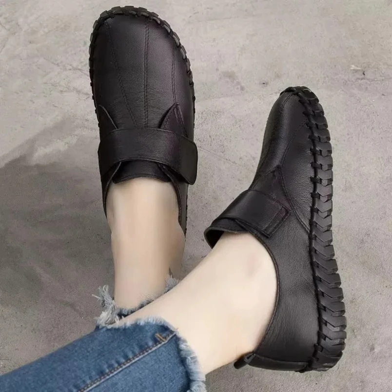 2025 أحذية من الجلد الحقيقي للمرأة الخريف الشقق الإناث هوك حلقة أحذية تقويم العظام حجم كبير 42 المرأة المتسكعون #3