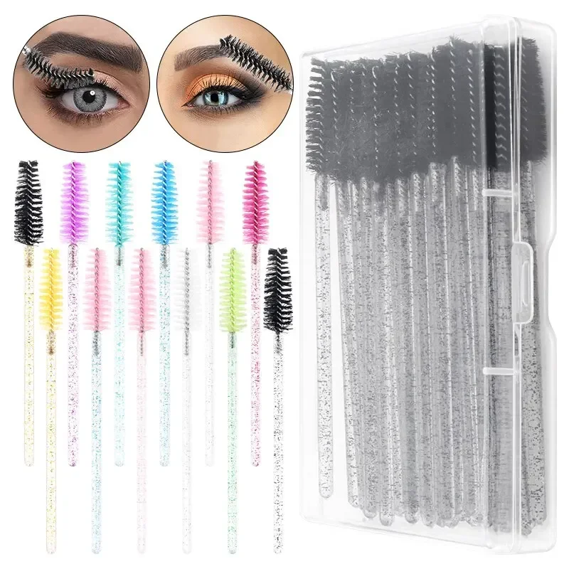 50Pcs Disposable Crystal Eyelash Extension Brush Mascara Wands Applicator Eyebrow Lashes Brushes with Flask Case Makeup Tools