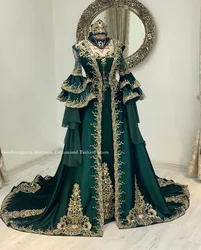 Emerald Middle Eastern Evening Gown with Long Sleeve Placket Gorgeous Gold Applique Lace Arabian Custom Bridal Gowns