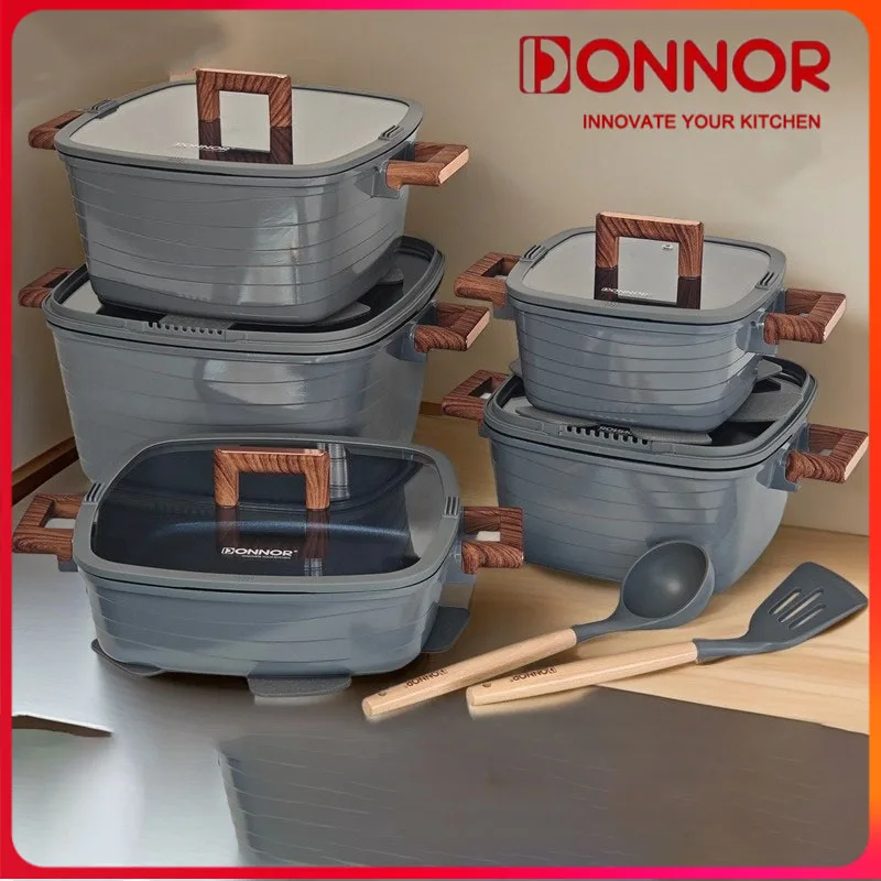 DONNOR-Juego de ollas de sopa cuadradas antiadherentes, mango de baquelita, olla para estofado, sartén, estufa, utensilios de cocina universales, juego de ollas para cocinar leche, 15 Uds.