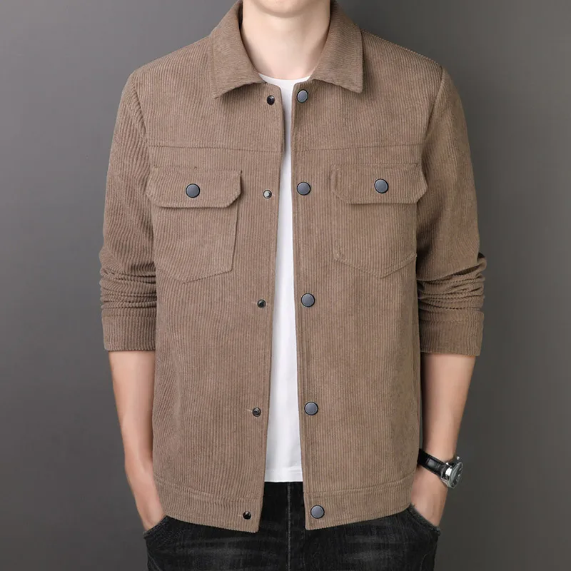 

2024 Men's Autumn High Quality Simple Casual Solid Color Polo Collar Slim Corduroy Jacket