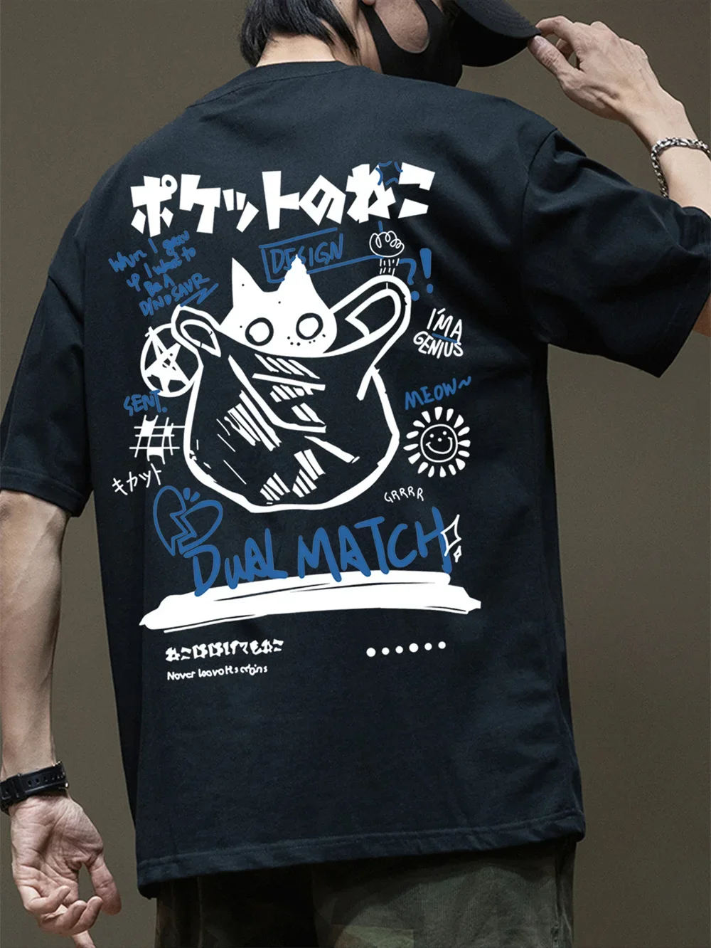 Japanese Pocket Black Cat Men's T-shirt Kawaii Doodle Graphic Oversized Cotton Short Sleeve Tops Summer Streetwear