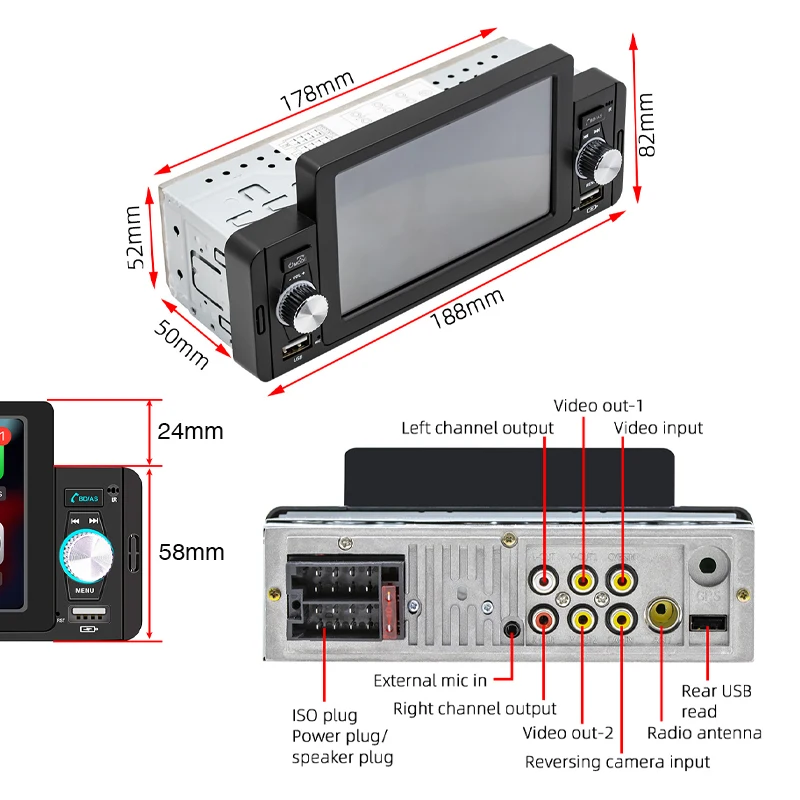 Radio con Bluetooth para coche, Apple CarPlay, 1 Din, 5 pulgadas pantalla, Android-Auto, manos libres, reproductor MP5, A2DP, USB, receptor FM,