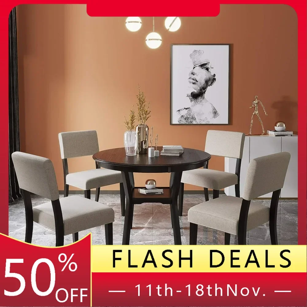 5-piece dining table set, equipped with 4 cushioned chairs, wooden 42 inch round kitchen table